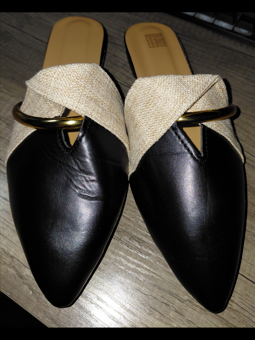 Women’s Black & Beige Slip-On Pointed Mules with Gold Accent